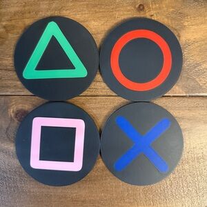 PlayStation Themed Buttons Coaster Set – 4-Pack with Holder